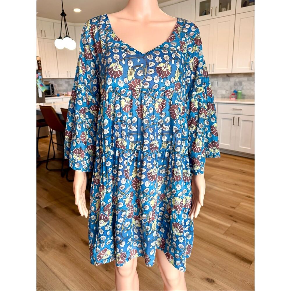 Natural Life Blue Floral Block Print Boho Tiered V-Neck Tunic Dress XL Sundress - Picture 2 of 6